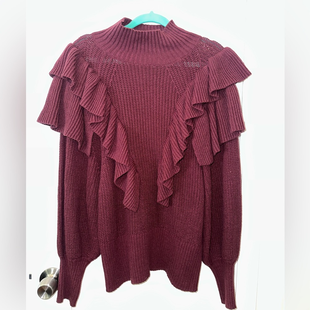 Maroon, Puff Sleeve, Ruffle Sweater